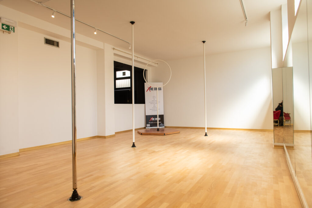 Palestra attrezzata per Pole Dance con diversi pali e ring a Milano est thecross studio